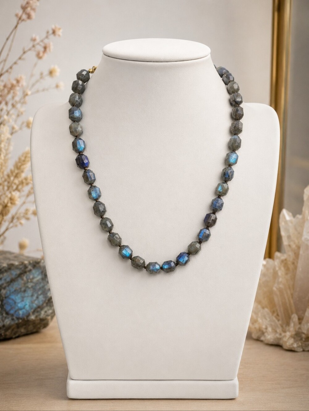 Labradorite Faceted Barrel Hand Knotted  Necklace Gray Blue Aprildplace 18 Inch